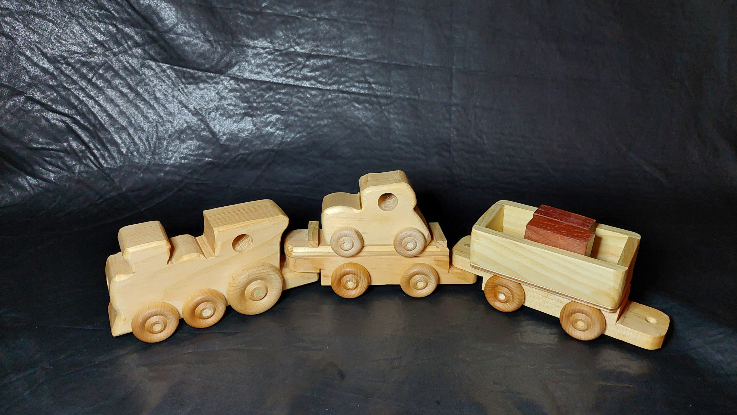 Train with Locomotive, Flat car with small car and freight car